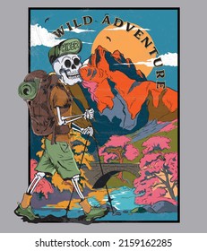 Caminando en Skull Hiker, en las cordilleras, agradable entorno natural, con el sol y el cielo, vestido de aventura, con una tipografía agradable.