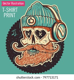 Skull of hipser in headphones. Tattoo - brutal skull with a beard. A bearded hipster in a hat and headphones. Image for print on T-shirts and other souvenir products. Isolated Vector illustration