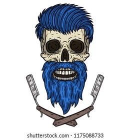 Skull. Hipster skull with barber blade. Illustration for barbershop