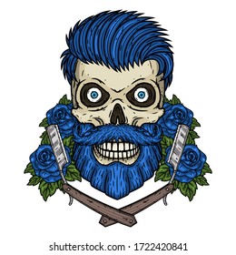Skull. Hipster skull with barber blade. Illustration for barbershop