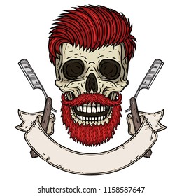 Skull. Hipster skull with barber blade and ribbon for your text. Illustration for barbershop