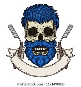 Skull. Hipster skull with barber blade and ribbon for your text. Illustration for barbershop