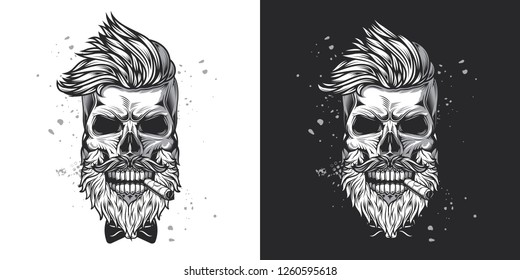 Skull hipster with a beard and a mustache with a cigar in his mouth. Monochrome vector illustration on white and dark background.