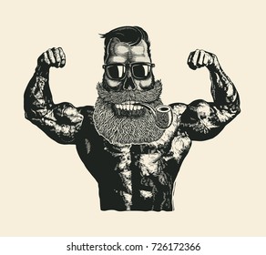 Skull Hipster Bodybuilder with mustache, beard, tobacco pipes and sunglasses. Comic character. Vector Illustration.