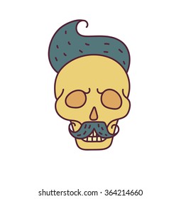 Skull with Hipster hair,mustache and beards.Color Fashion vector illustration.White background