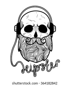 Schädelhipster Handgezeichnet mit Kopfhörern.Schädel mit Hipster-Haaren und -Bärten, Modegrafik.Retro-Vektorillustration Design-Grafikelement, Abzeichen, Emblem, Logo, Logo, Logotype einzeln auf weißem Hintergrund