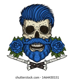 Skull. Hipster skull with knifes and blue roses. 