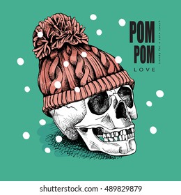 Skull in a hipster knitted hat with pom pom. Vector illustration.