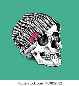 Skull in a hipster knitted hat. Vector illustration.