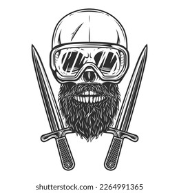 Skull with hipster mustache and beard in safety glasses and crossed knife dagger isolated on white background monochrome illustration