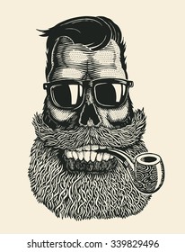 Skull hipster and mustache  beard  tobacco pipes   sunglasses  vector illustration 