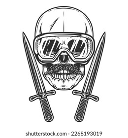 Skull with hipster mustache in safety glasses and crossed knife dagger isolated on white background monochrome illustration