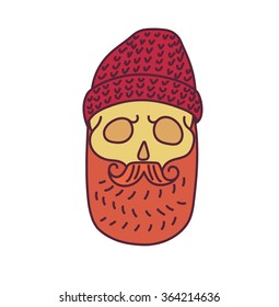 Skull with Hipster mustache,cap and beards.Color Fashion vector illustration.White background/.isolated on white background