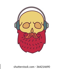 Skull with Hipster mustache,music headphones and beards.Color Fashion vector illustration.White background