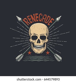 Skull hipster retro emblem with two arrows crossed and renegade word on top.  Vector illustration.
Worn texture on a separate layer and can be easily disabled.