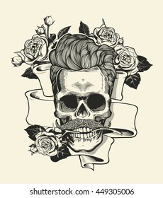 Skull. Hipster skull silhouette with mustache and arose in teeth with ribbon and bouquet of roses on a background. Vector illustration in vintage engraving style. Perfect for t-shirt print.