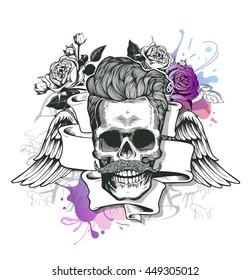 Skull. Hipster skull silhouette with mustache and arose in teeth with ribbon and bouquet of roses on a background. Vector illustration in vintage engraving style. Perfect for t-shirt print.