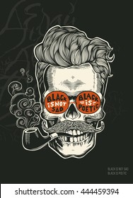 Skull. Hipster skull silhouette with mustache, beard, tobacco pipes and glasses. Lettering 'Black is not sad, black is poetic' Vector illustration in vintage engraving style. Perfect for t-shirt print