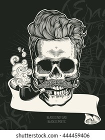 Skull. Hipster skull silhouette with mustache, beard, tobacco pipes and glasses. Lettering 'Black is not sad, black is poetic' Vector illustration in vintage engraving style. Perfect for t-shirt print