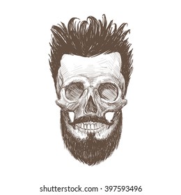 Skull hipster style, creative fashion design. Hand drawn vector illustration
