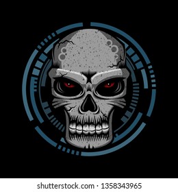 The skull with his staring sharply on a futuristic circles
