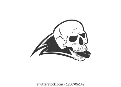 Skull in his teeth holding a hockey puck. Emblem for the hockey team. Retro-style.