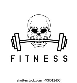 skull holding barbell in the teeth fitness concept