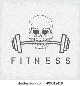 skull holding barbell in the teeth grunge fitness concept