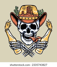 skull holding beer in desert illustration