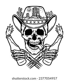 skull holding beer in desert line illustration