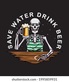 skull holding beer glass. For t-shirts, stickers and other similar products.