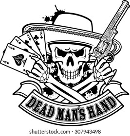 skull holding cards "dead man´s hand" and revolver