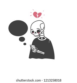 a skull holding a cellphone and broken hearted