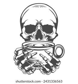 A skull holding coffee cup with hand vector design