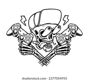 skull holding game controller line illustration