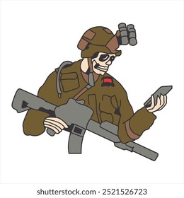 Cráneo que sostiene una pistola y un móvil en las manos archivo de Vector especial para logotipos y piezas de goma.