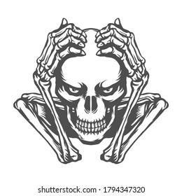 skull holding head illustration. black and white vector. for t-shirt or for tattoo