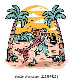 Skull holding a mermaid on the beach