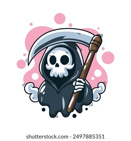 Skull holding a scythe. Halloween cartoon vector illustration.