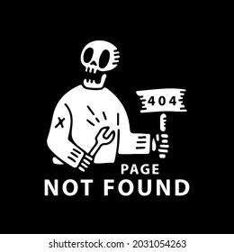 Skull holding sign 404 error page not found. illustration for t shirt, poster, logo, sticker, or apparel merchandise.