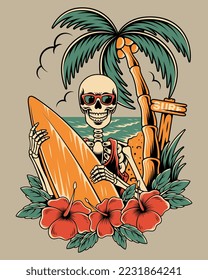 skull holding a surf board on the beach