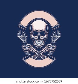 Skull holding wrench, hand drawn line with digital color, vector illustration