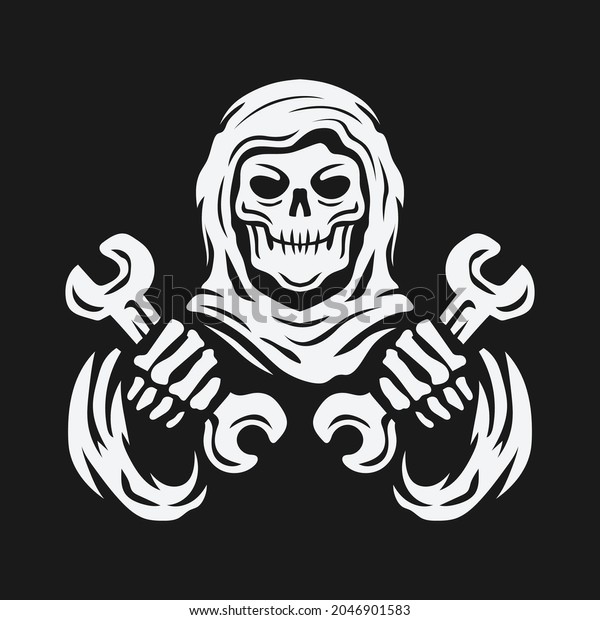Skull holding the wrench Skeleton repairman\
Vintage logo vector\
illustration