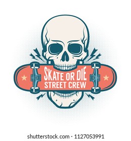Skull holds a skateboard in his teeth - a logo in a street retro style