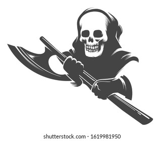 Skull in the Hood with Executioner Axe in Hands Tattoo in engraving Style. Vector illustration.