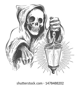 Skull in the hood with lantern in a hand. Vector vintage illustration