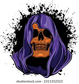 Skull in the hood on white background. Vector illustration digital draw