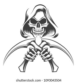 Skull in a hood with scythe knives in hands drawn in tattoo style. Vector illustration.