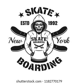 Skull in hoodie and two crossed skate decks vector emblem in vintage monochrome style isolated on white background