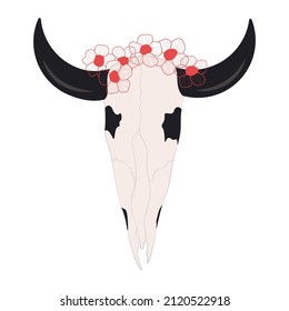 skull of horn animal with flower wreath, boho style. merch design for clothes, posters and more